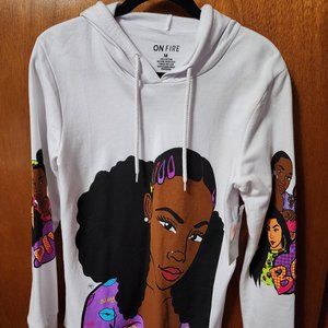 Women's Medium ON Fire White Graphic Lightweight Pullover Sweatshirt Hoodie